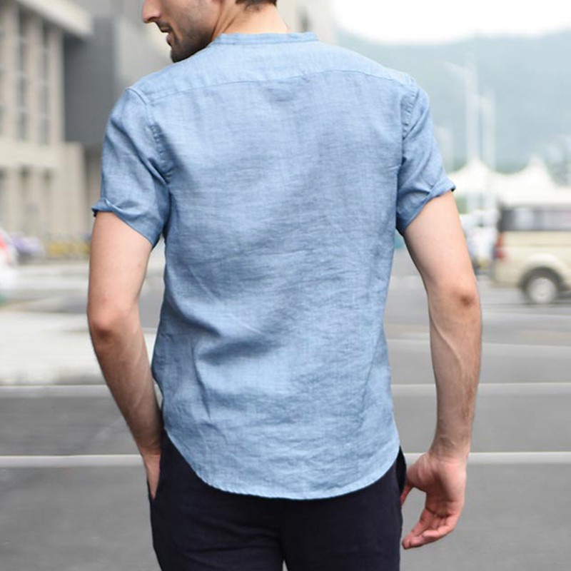 Áo Sơ Mi Tay Ngắn Cổ Chữ V Vải Lanh Mềm Mại Thoáng Khí Thời Trang Cho Nam