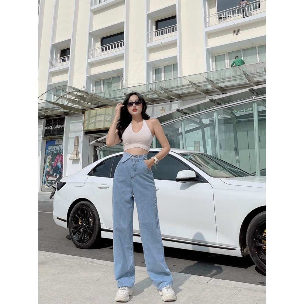 Quần jean nữ ống rộng túi nắp phía trước màu xanh, quần bò nữ lưng cao dáng suông basic OHS3908