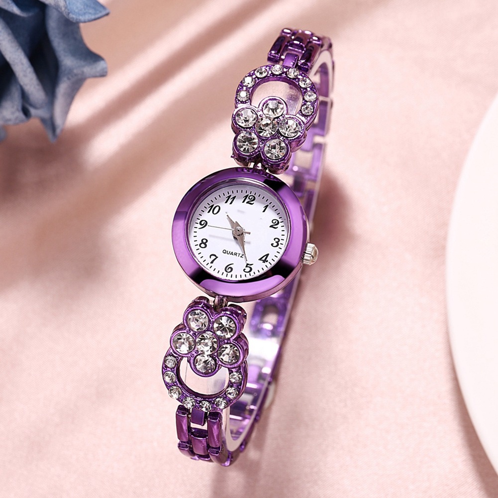 MACmk Elegant Women Rhinestone Flower Round Dial Alloy Band  Analog Quartz Wrist Watch