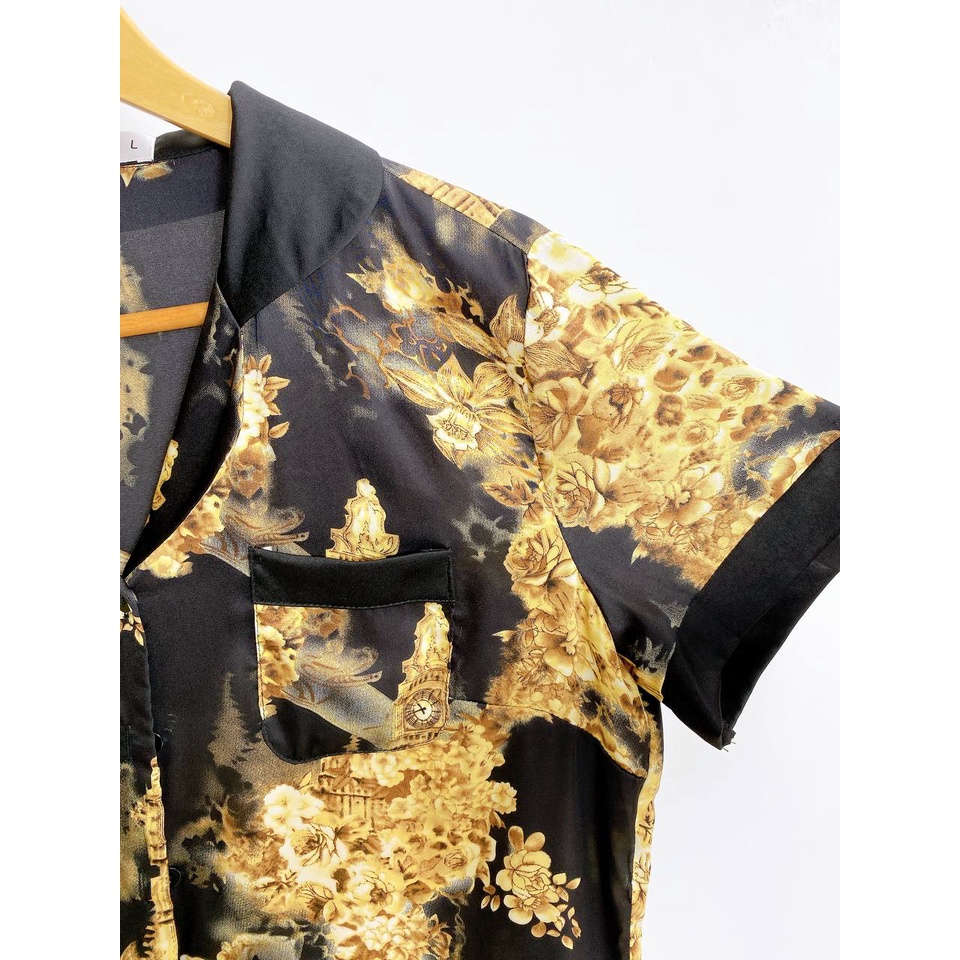 Bộ Đồ Ngủ Pijama Lụa Nhật Cao Cấp JAPAN SILK tay ngắn quần dài họa tiết tháp đồng hồ sang trọng CD073