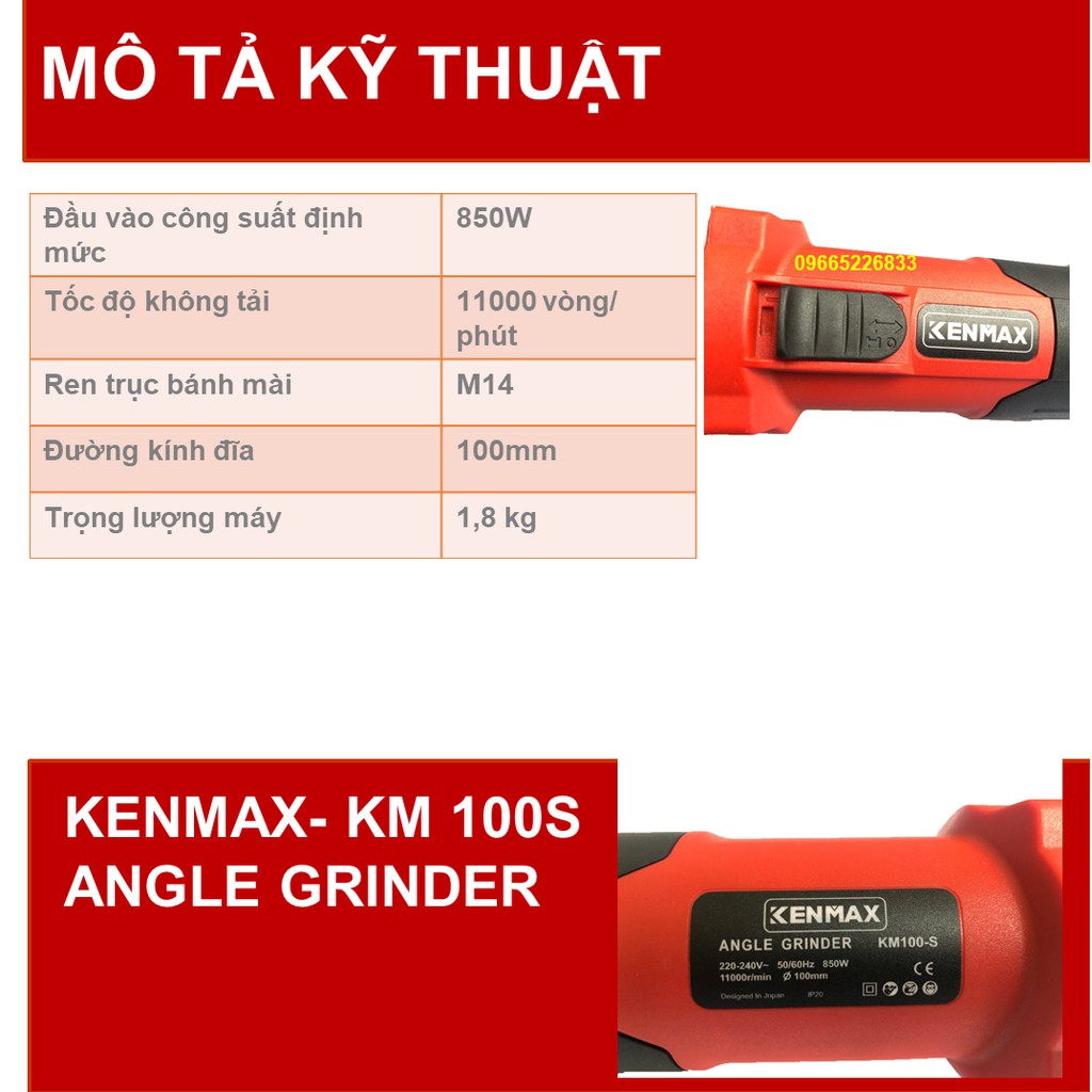 Máy mài góc Kenmax KM 100S ⚡️ TẶNG ĐĨA CẮT ⚡️ TẶNG CẶP CHỔI THAN ⚡️ CÔNG SUẤT 850W ⚡️ THƯƠNG HIỆU NHẬT BẢN