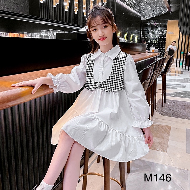 Váy Sơmi phối yếm kẻ dài tay cho bé gái cỡ lớn M146