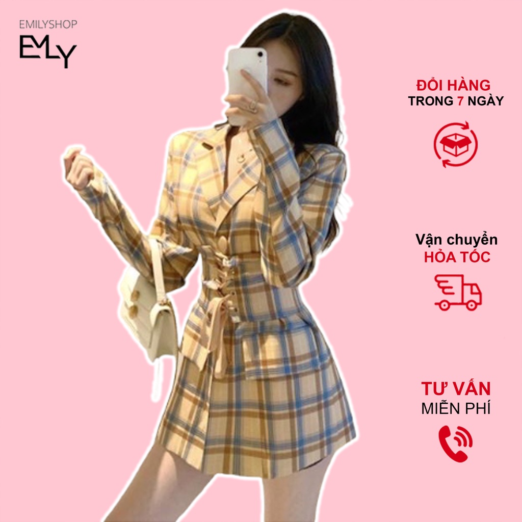 Đầm dáng xòe nữ đầm vest caro dài tay, set bộ đầm vest hàng nhập quảng châu ulzzang