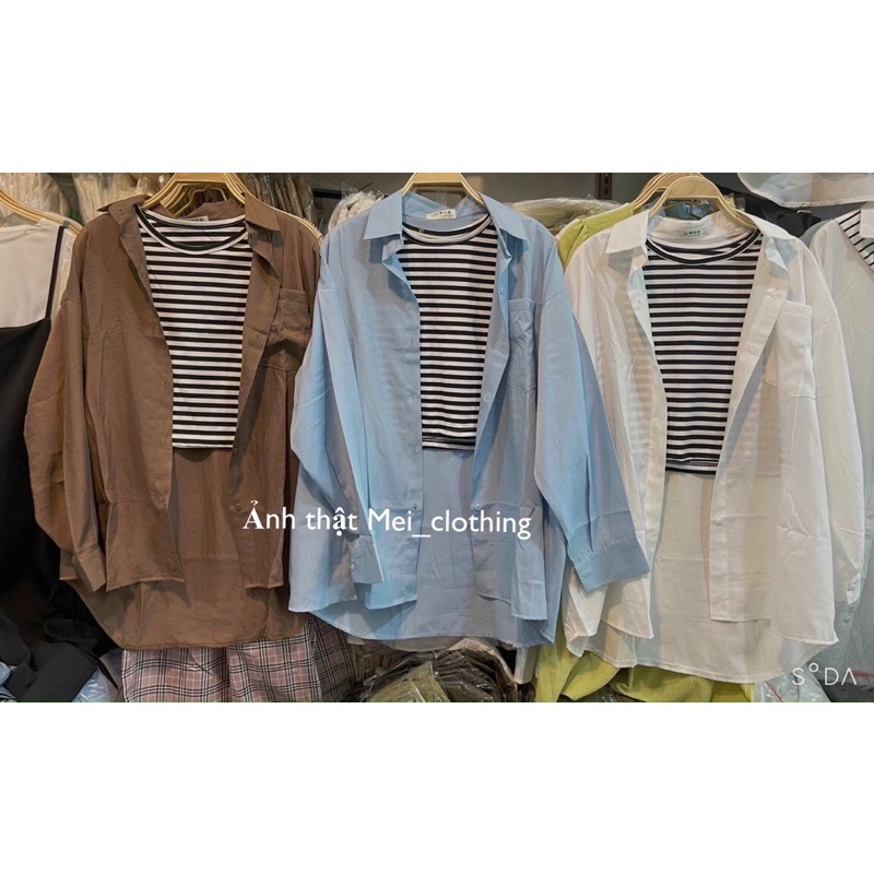 Set sơmi trơn kèm áo ba lỗ kẻ sọc phong cách Hàn Quốc, sơ mi nữ