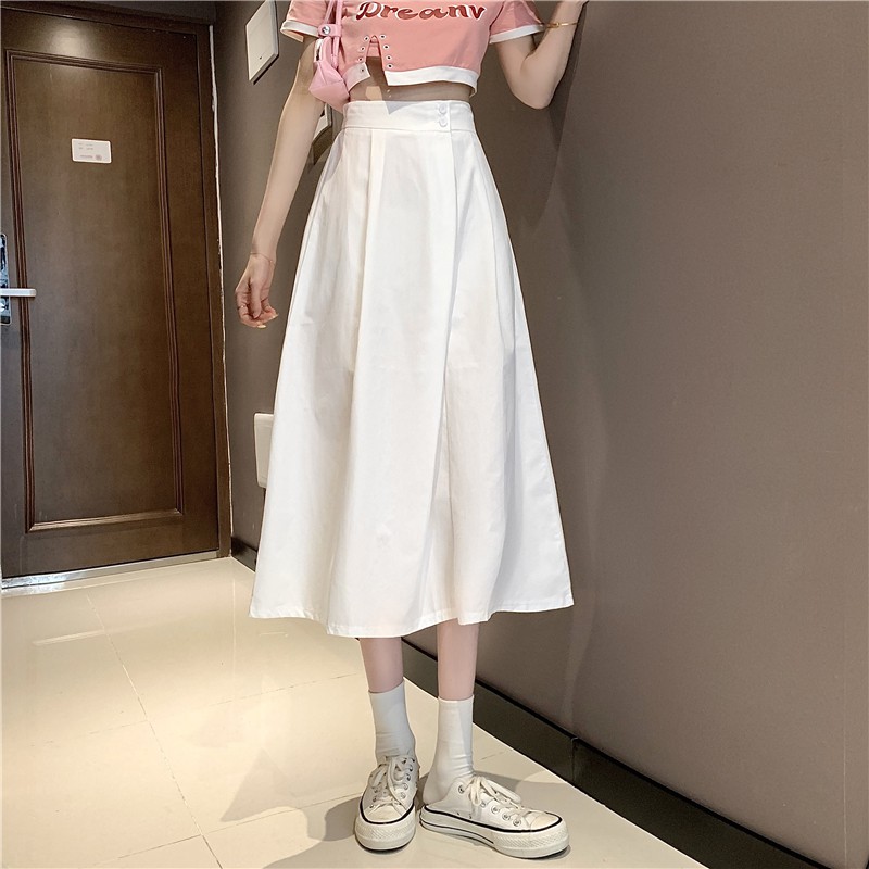 Xiaozhainv Korean high waist all-match pure color midi A-form skirt fashion women