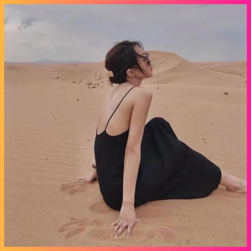 Đầm Hai Dây Hở Lưng Nữ Váy midi 2s body dáng ôm màu đen trơn thiết kế sexy Ulzzang HOT