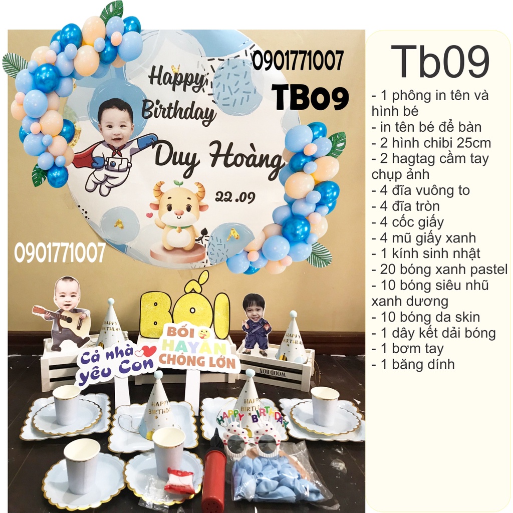 Set trang trí sinh nhật Mon Party combo phụ kiện sinh nhật cho bé 1 tuổi kèm hình chibi, bóng bay đầy đủ