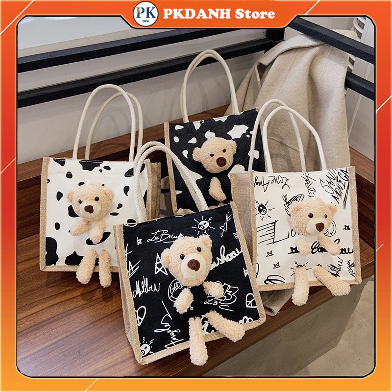 Túi cói vải mini hình gấu teddy siêu xinh, túi xách tote canvas mẫu bear