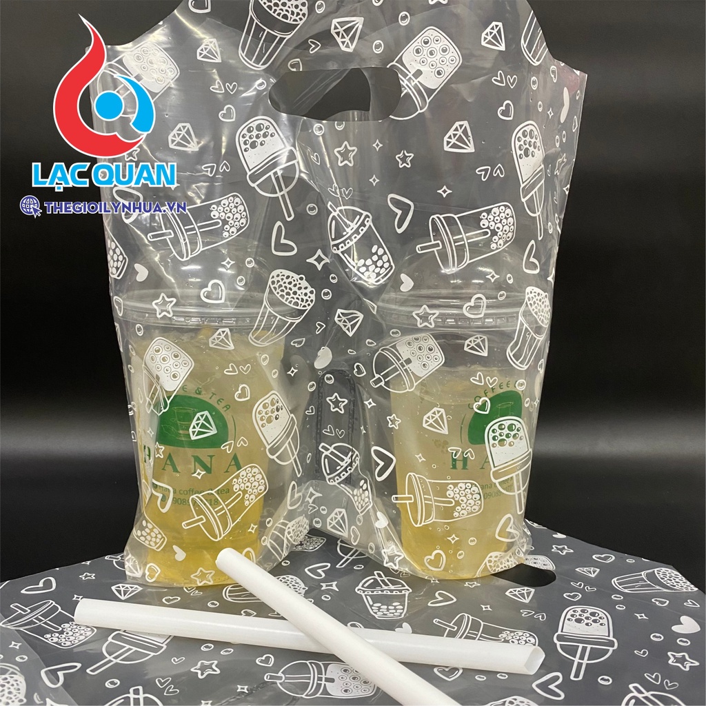 1Kg Túi đựng ly trà sữa, bịch 2 ly vách ngăn, túi 2 ngăn đựng ly in sẵn họa tiết, bọc đựng ly mang đi cao cấp 32x34cm
