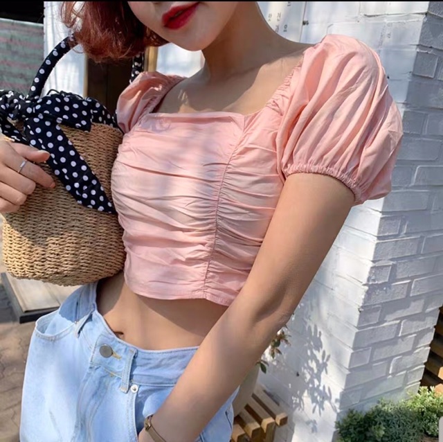 Áo croptop nhún 2 bên bẹt vai 3 màu