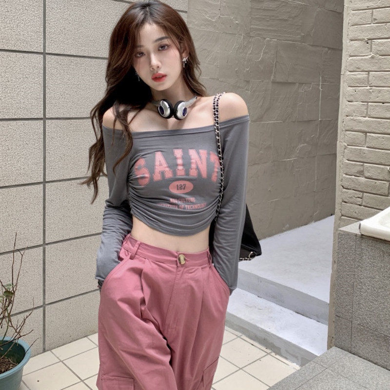 Áo Thun Tay Dài Lệch Vai Màu Trắng Phong Cách Cổ Điển Thời Trang Mùa Hè Xinh Xắn Cho Nữ