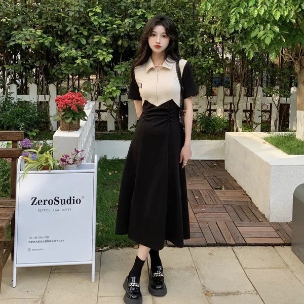 Đầm Chữ A Tay Ngắn Cổ POLO Màu Sắc Tương Phản Thời Trang Dành Cho Nữ