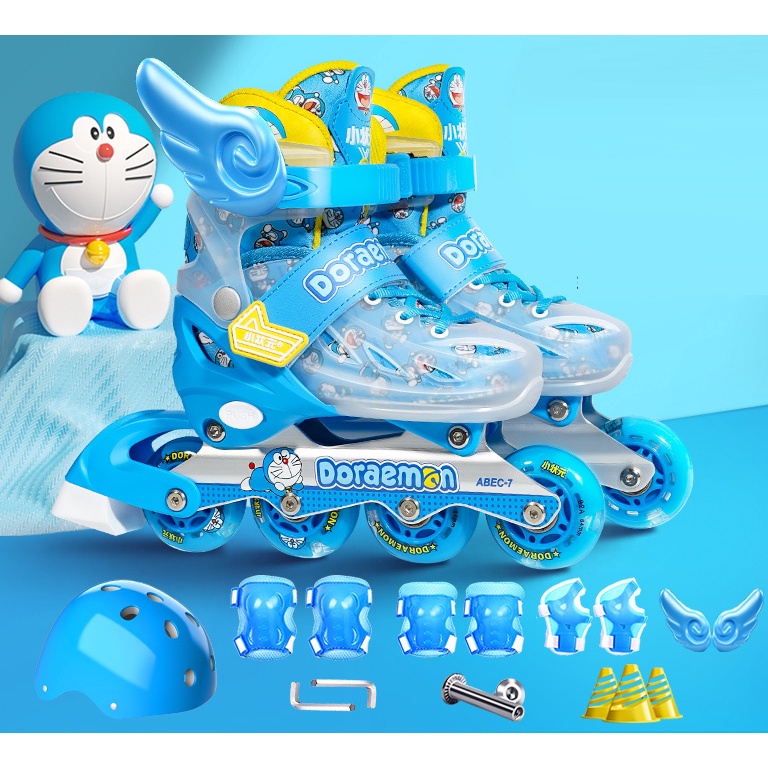 Giày Trượt Trẻ Em hình Doremon dễ thương, Patin roller skates kèm bảo hộ, giày patin bánh cao su phát sáng