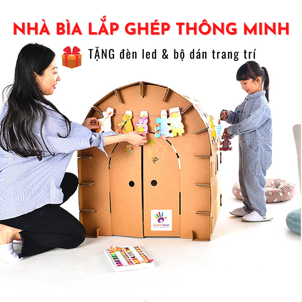 [BỘ NHÀ THÔNG MINH] Lều Nhà Bìa Lắp Ghép Kèm Đồ trang trí