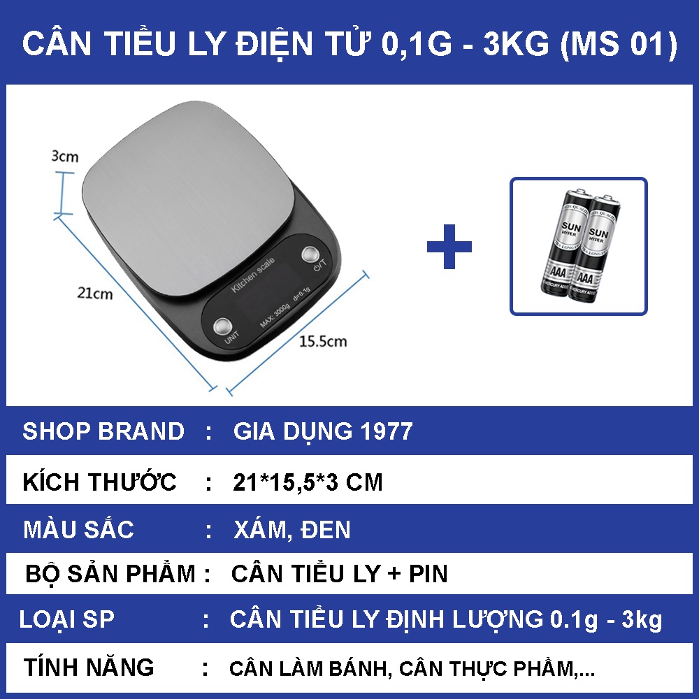 Cân tiểu ly điện tử nhà bếp mini định lượng 1g - 5kg, Cân tiểu ly làm bánh độ chính xác cao kèm 2 viên pin AAA