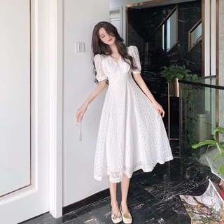 Váy trắng cổ v cúc ngọc 2 lớp ren dorastyle