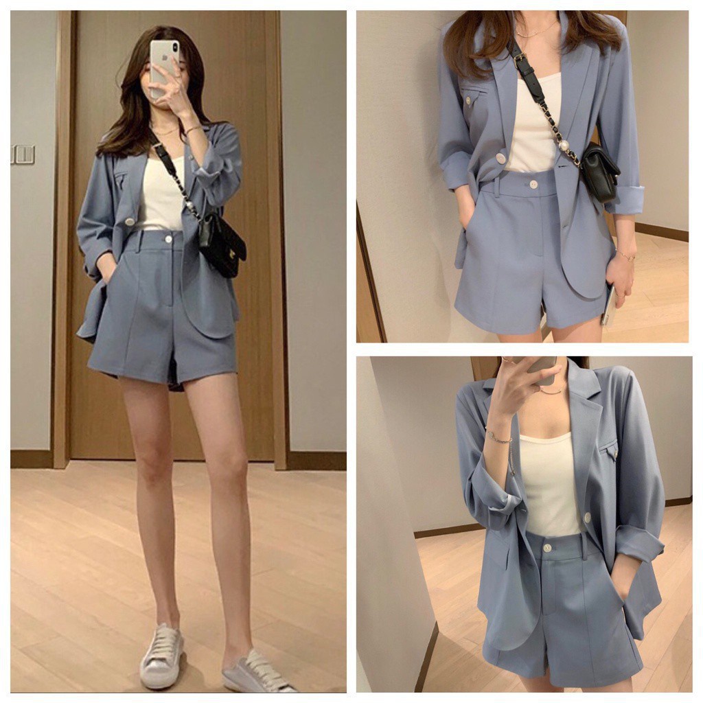 [free gift] Set áo khoác blazer và quần short ống rộng phong cách Hàn Quốc thanh lịch cho nữ