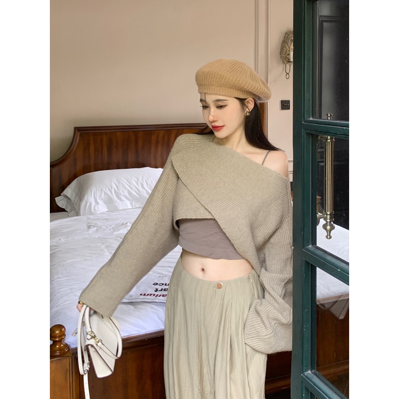 Áo sweater Ngắn Hở Vai Dáng Rộng Màu Trơn Đơn Giản Thời Trang Phong Cách Hàn Quốc