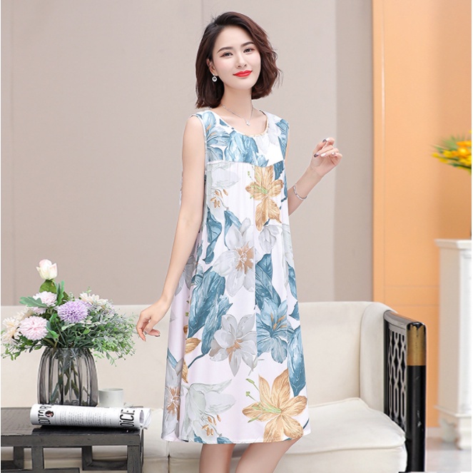 Váy ngủ trung niên nữ V84 lanh lụa siêu mát - Đồ áo đầm mặc nhà trung tuổi, quần áo thời trang mùa hè cho người lớn tuổi