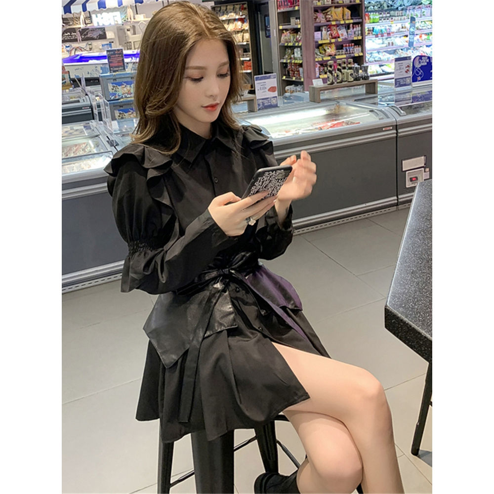 Bộ đồ 2 món gồm đầm sơ mi + thắt lưng ôm eo thời trang retro mùa đông cho nữ