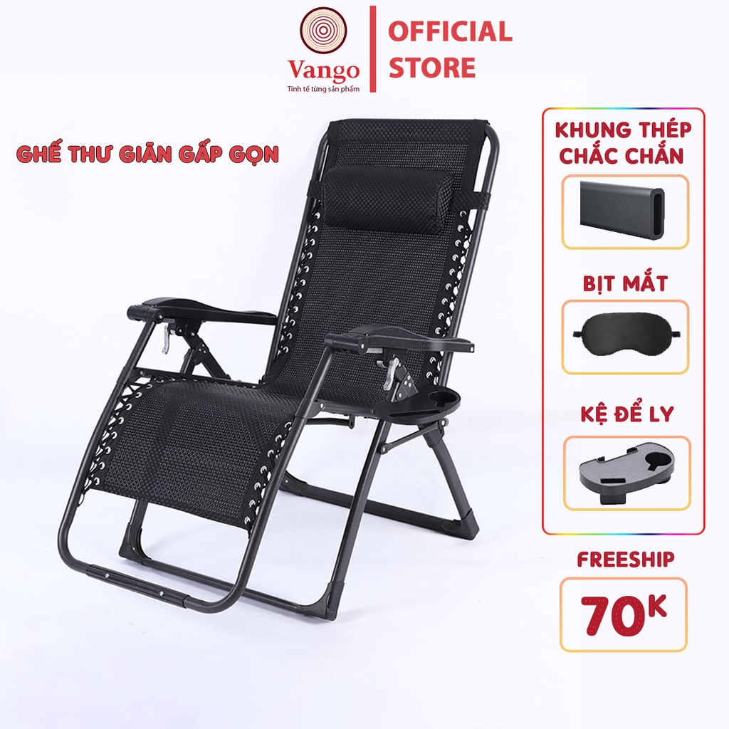 Ghế Xếp Thư Giãn Gấp Gọn Vango Khung Thép Sơn Tĩnh Điện Chắc Chắn - Tặng Khay Đựng Cốc và Điện Thoại