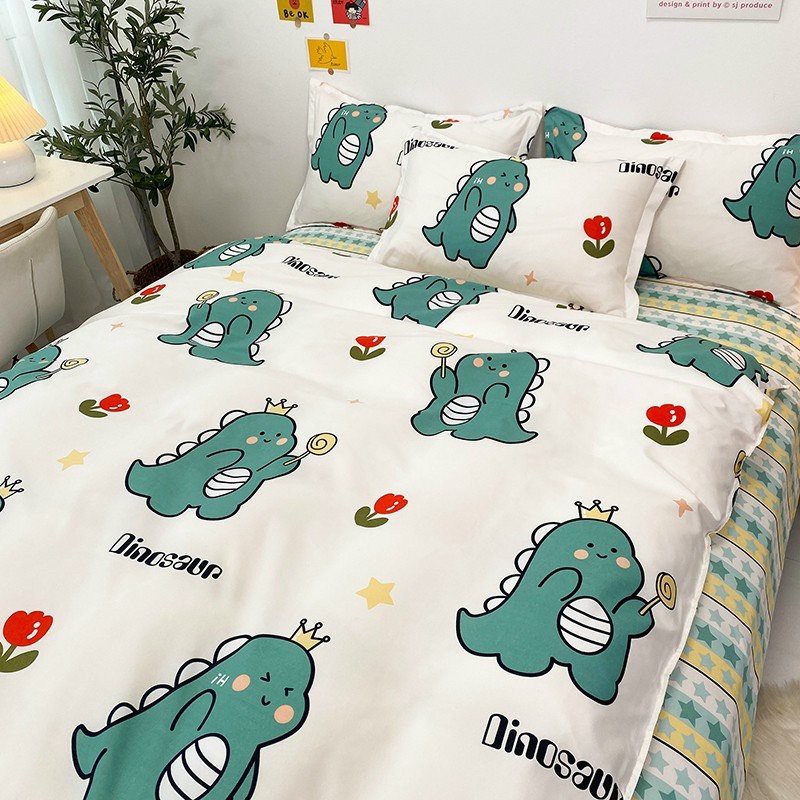 4 Món Chăn Ga Gối Mền Cotton Poly. Thương Hiệu Evily Mẫu KHỦNG LONG NHÍ XANH Siêu Xinh Và Dễ Thương - EvilyDecor