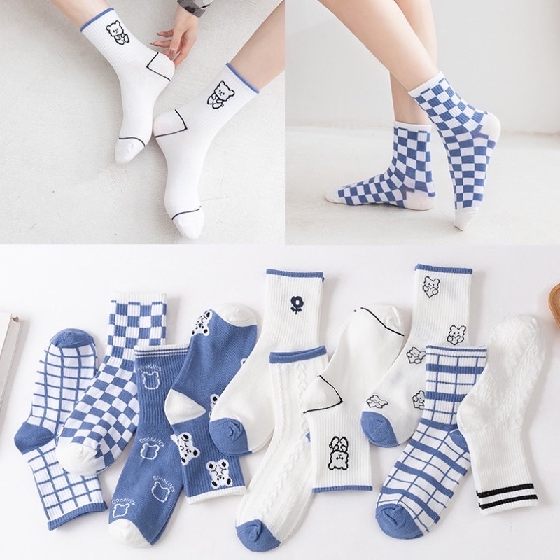 Sét 5 Đôi Vớ Tất Nữ Cổ Cao Tông Xanh Trắng Phong Cách Hàn Quốc