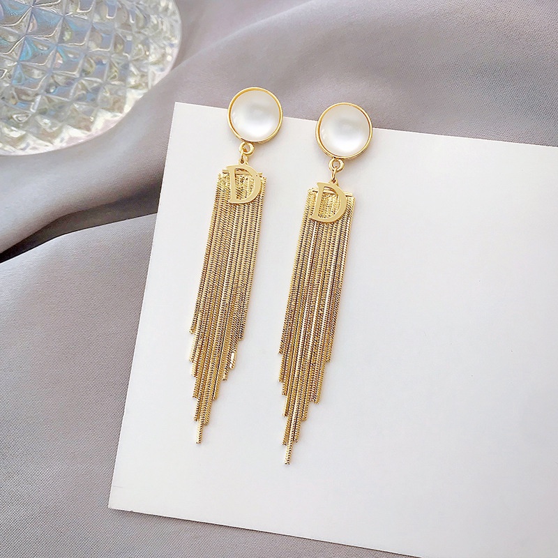 Đôi Khuyên Tai Dài Tua Rua Hình Chữ D Phong Cách Âu Mỹ Cao Cấp