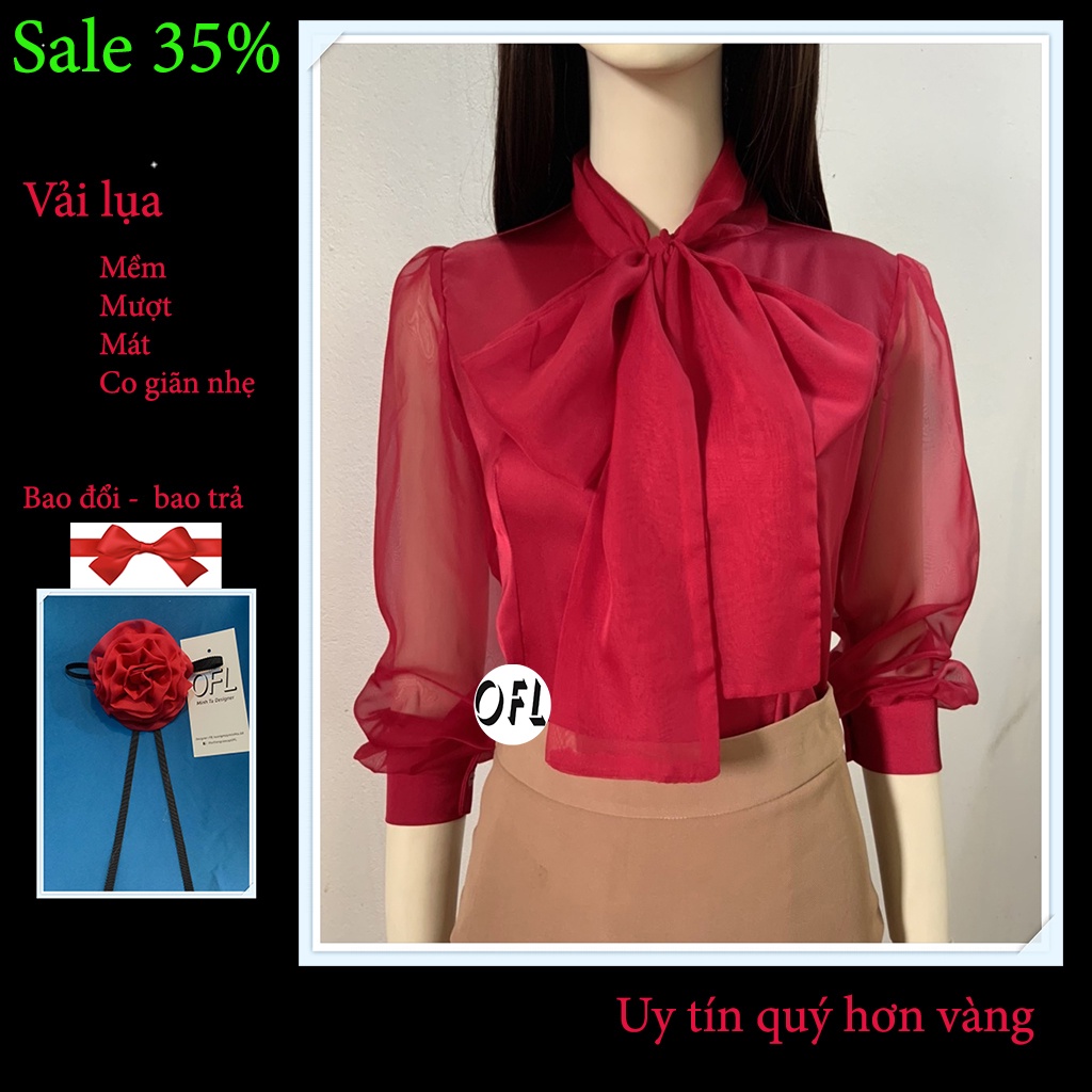 Áo sơ mi nữ lụa phối tay và cổ nơ voan vàng phong cách công sở đi chơi OFL A4.3