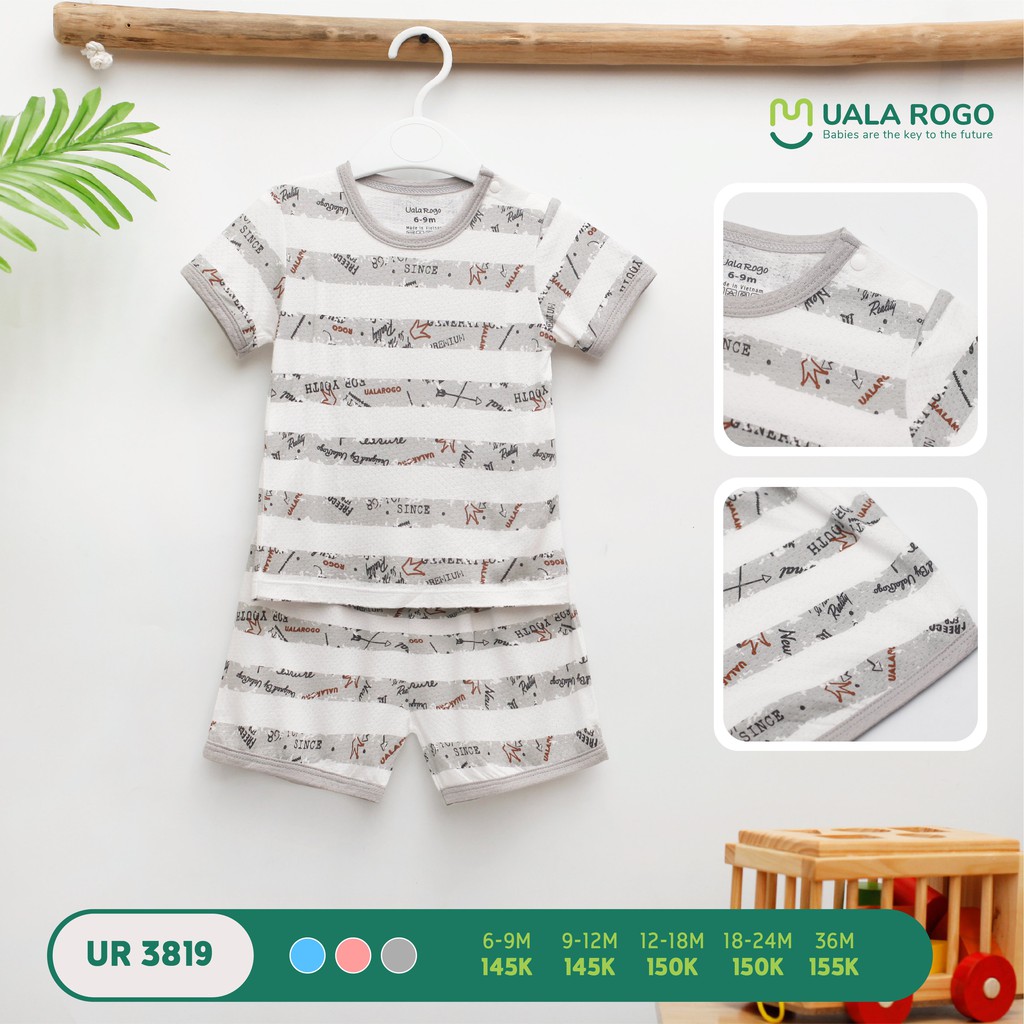 UR3819 Bộ cộc cài vai cotton Uala Rogo kẻ in chữ (6-36M)