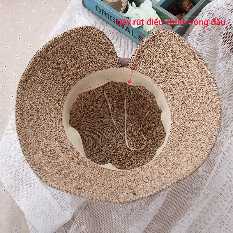 Nón cói mềm phối màu nơ bản lớn vành rộng 9Cm có dây rút bên trong nón