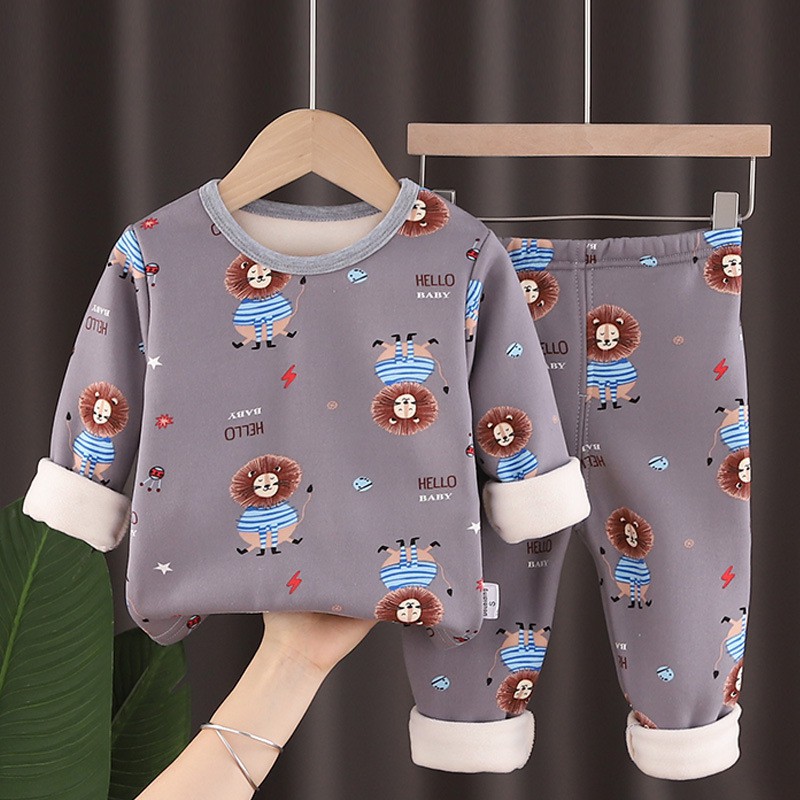 Bộ Đồ Ngủ Vải Cotton Phối Nhung In Hoạt Hình Dễ Thương Thời Trang Thu Đông Cho Bé