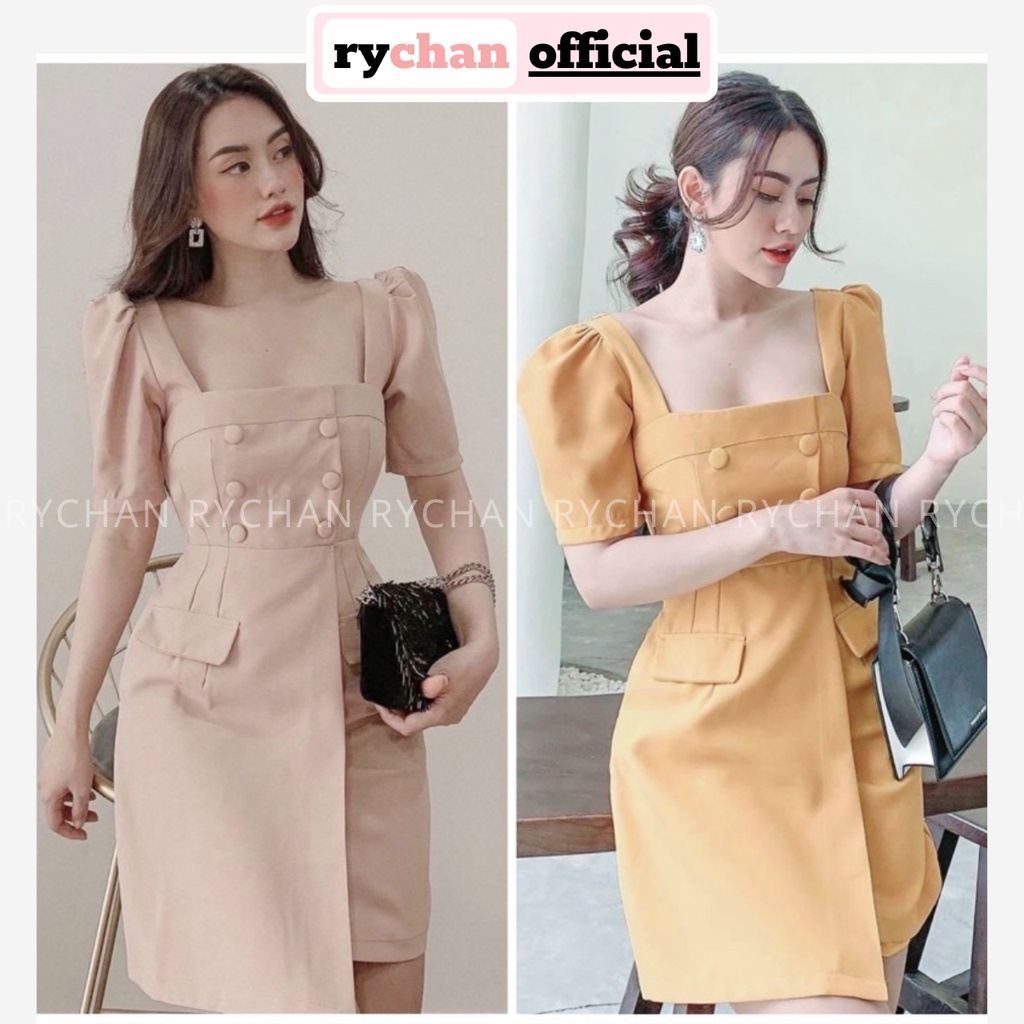 Đầm Nữ Đi Event Cổ U Tay Ngắn Phồng Nút Bọc Đắp Chéo Tà Thanh Lịch Hot Hit Màu Kem Vàng [ẢNH THẬT CUỐI] - DX9724