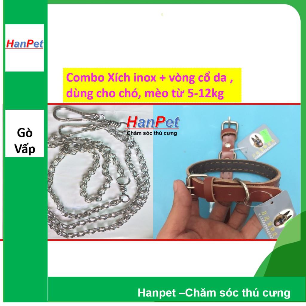 Hanpet.GV- Combo Xích inox CHỐNG GỈ + vòng cổ da xịn , dùng cho chó, mèo từ 5- 12kg (- 335b)