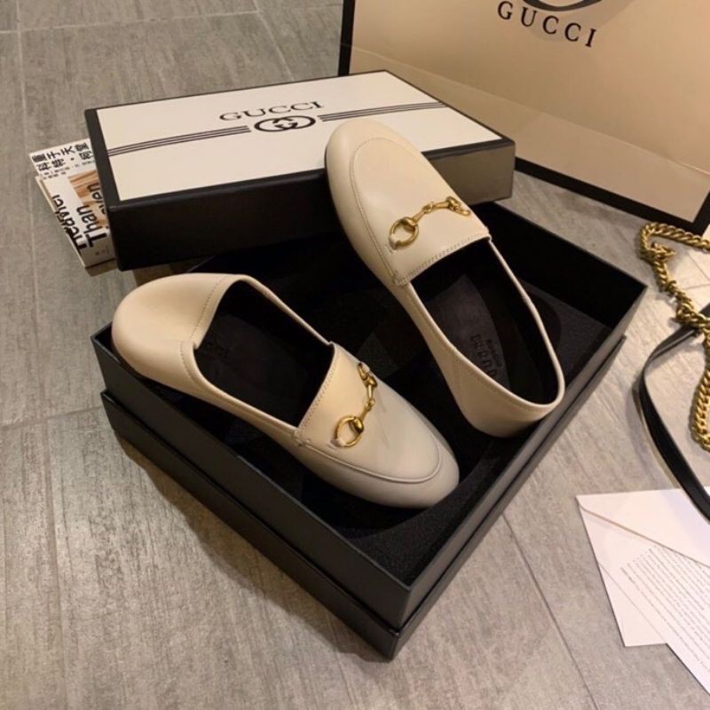 giày lười loafer nam nữ da thật mũi tròn gắn quai xích GG Gucci GC đủ size