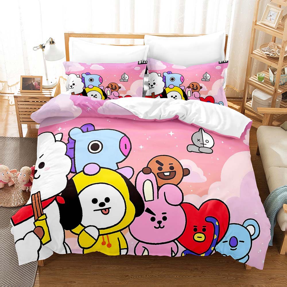 Bộ Ga Trải Giường + Vỏ Gối + Vỏ Chăn 2 Trong 1 In Họa Tiết BT21 BTS Có Thể Giặt Sạch Tiện Dụng