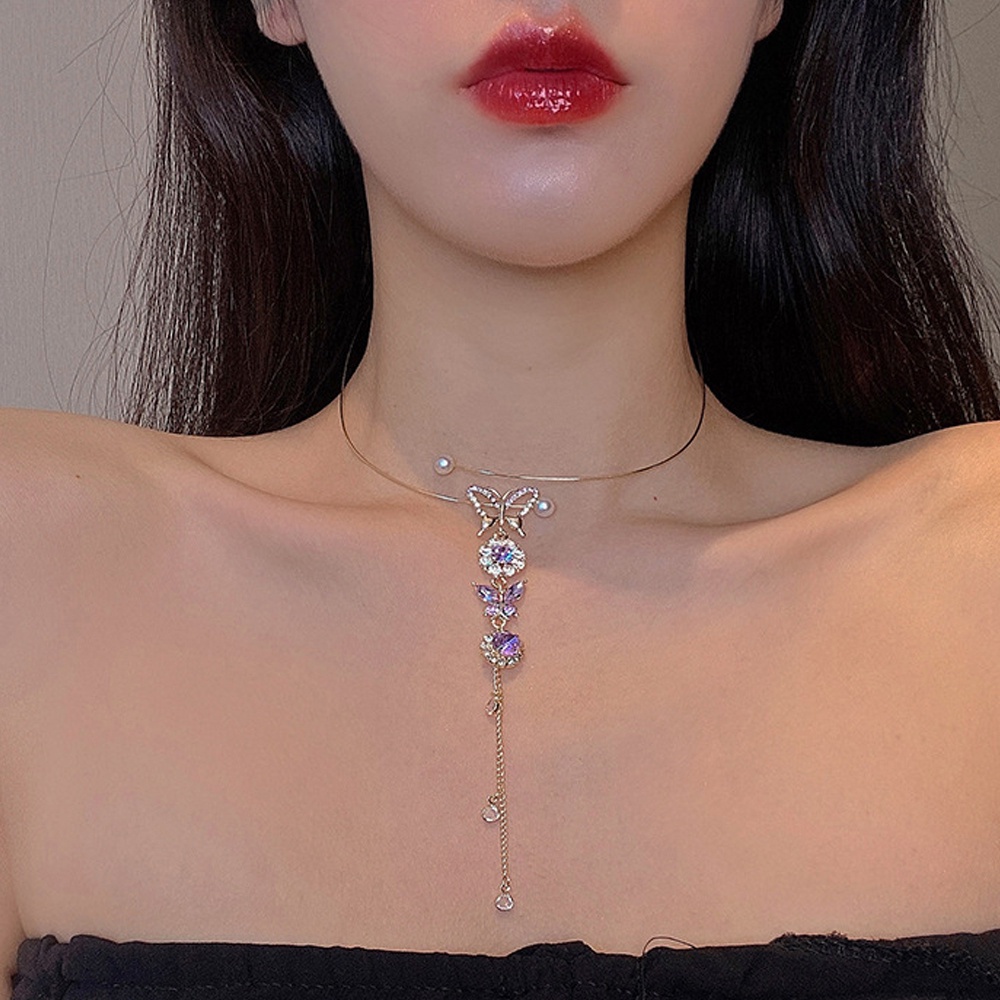 Vòng cổ choker đính ngọc trai và hoa tua rua màu tím thời trang cho nữ