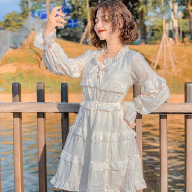 Váy Babydoll Vintage viền bèo tiểu thư siêu xinh 2 màu ➡ Đầm nữ trắng nhiều tầng dáng dài kèm ảnh thật