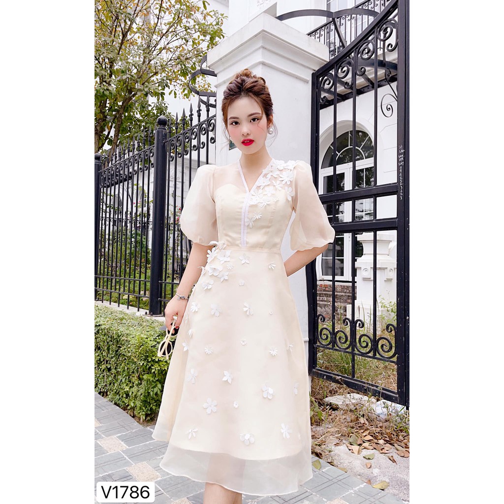 Đầm Voan Hoa 3D Cao Cấp V1786, Váy Đầm Thiết Kế Chính Hãng PK's House