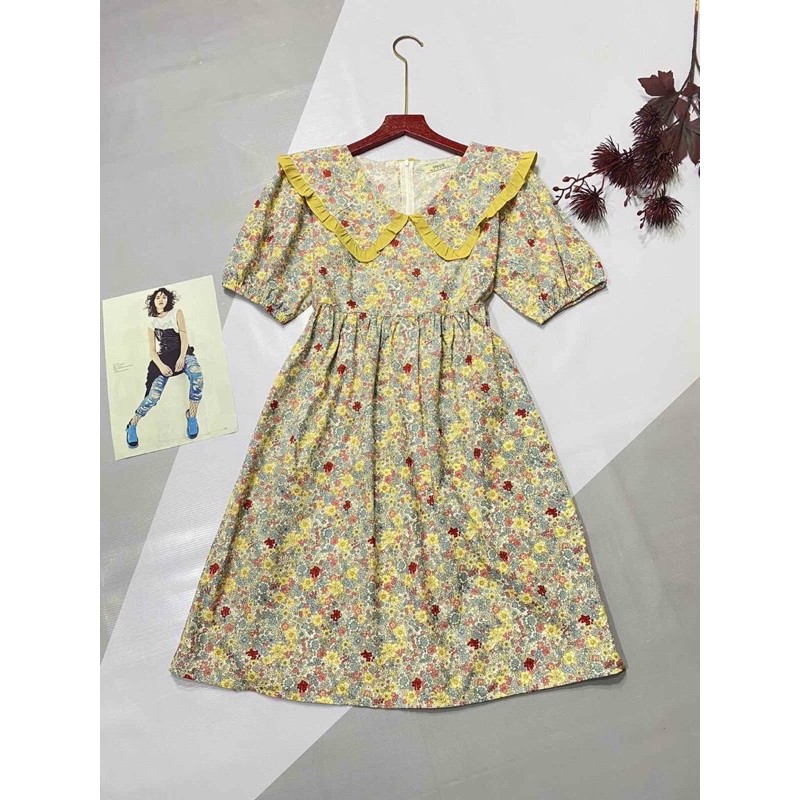 Đầm Liền Tay Ngắn Cổ chữ V Phối Họa Tiết Hoa Nhí Cao Cấp - Chất Liệu Cotton 100% - Váy Lửng Xuất Khẩu | BigBuy360 - bigbuy360.vn
