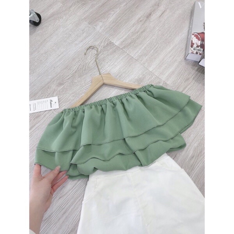 Set  Áo Bệt Vai Đũi Bèo Trễ Vai Phối Chân Váy KaKi