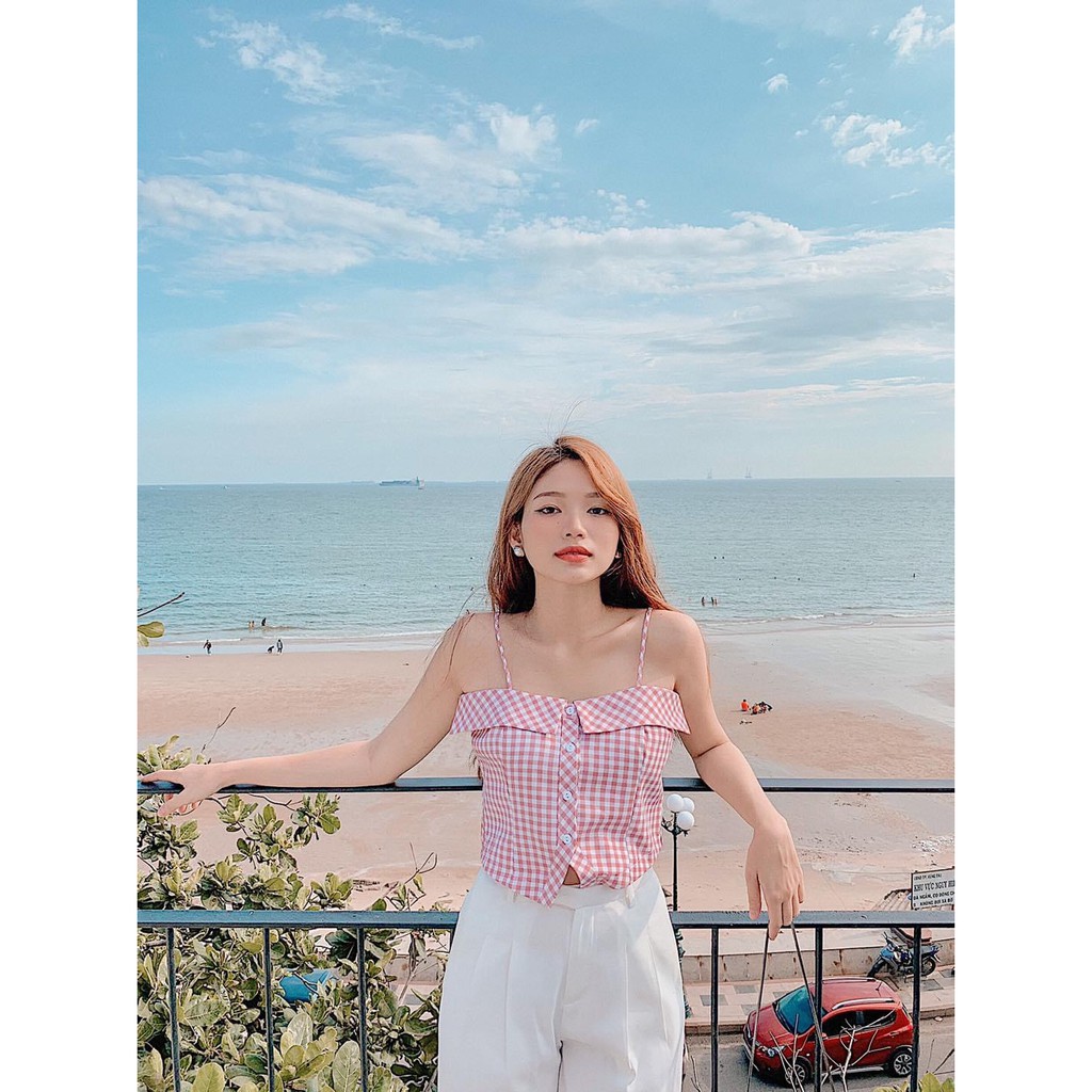 YU CHERRY | Áo hai dây nữ caro nữ YA251 Gingham Cami Croptop