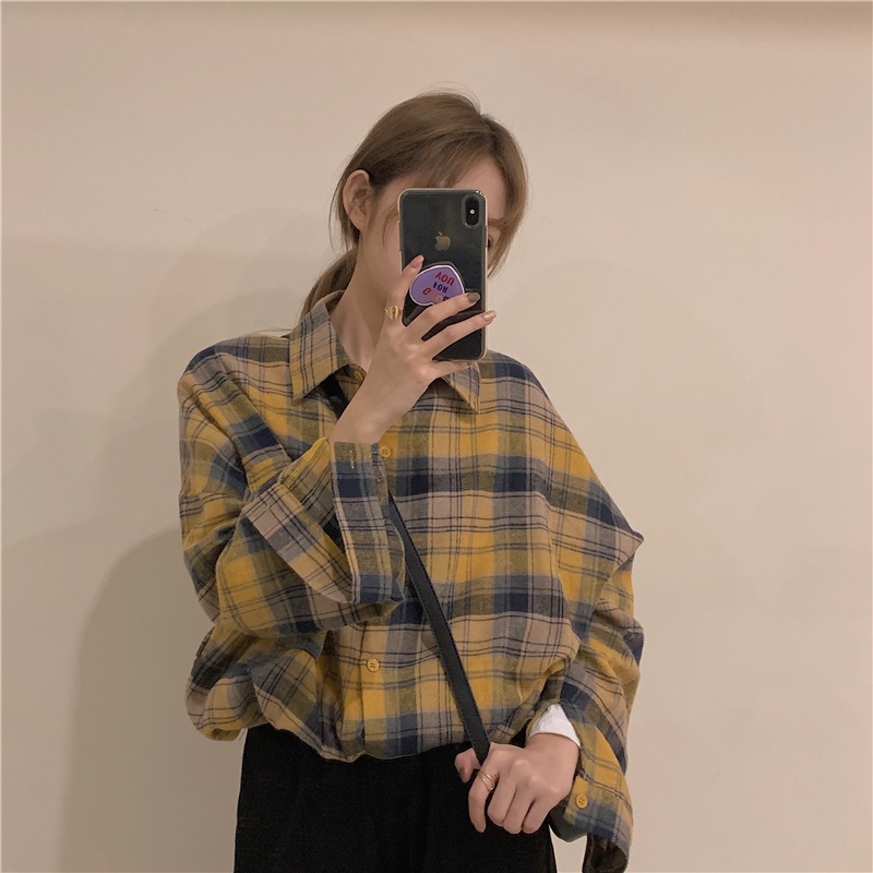 Áo sơ mi SUXI cho nữ dài tay họa tiết ca rô thời trang Hàn Quốc