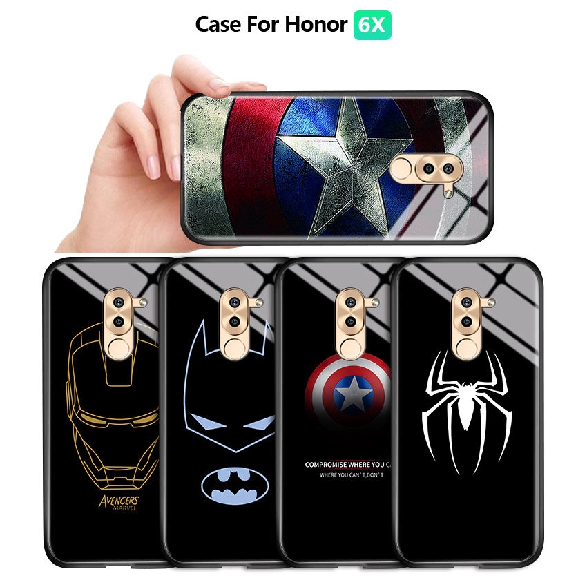 Ốp Điện Thoại Kính Cường Lực Viền Silicon Dẻo Họa Tiết Marvel Superhero Ironman Captain America Spider-Man Cho Huawei Honor 6x / Mate9 Lite / Gr5 2017
