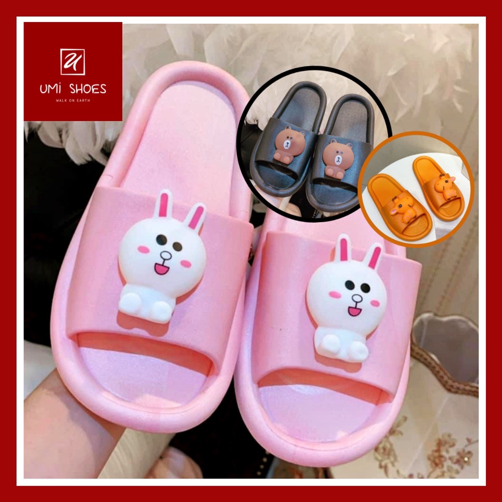 [LOẠI 1-ĐẾ DÀY] Dép bánh mì ulzzang quai ngang đế bằng cao 4cm hình gấu cute đơn giản màu đen/kem/hồng mới xinh đẹp hot