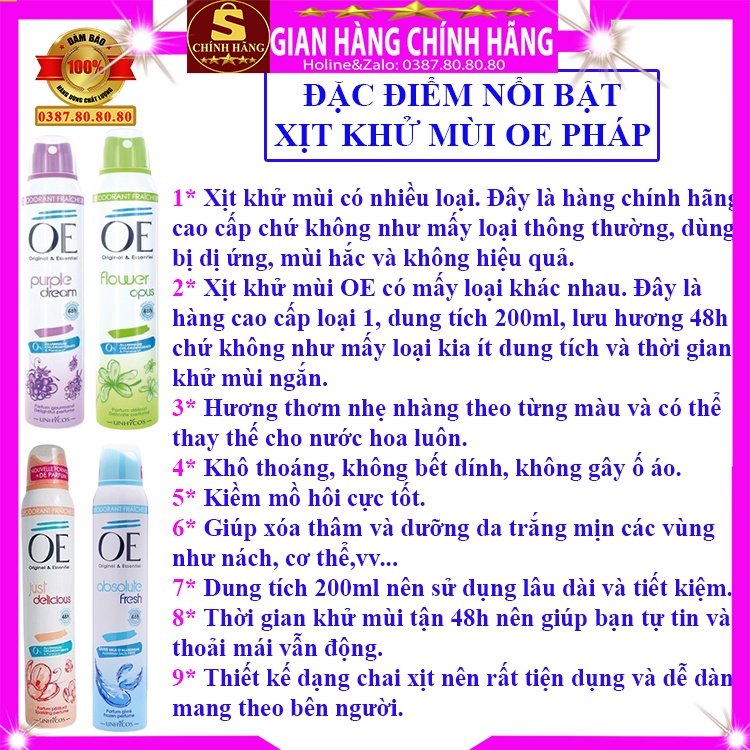 Xịt khử mùi hôi nách toàn thân chính hãng OE pháp cho nữ và nam thay thế nước hoa không ố áo vùng nách cơ thể 200ml 48h
