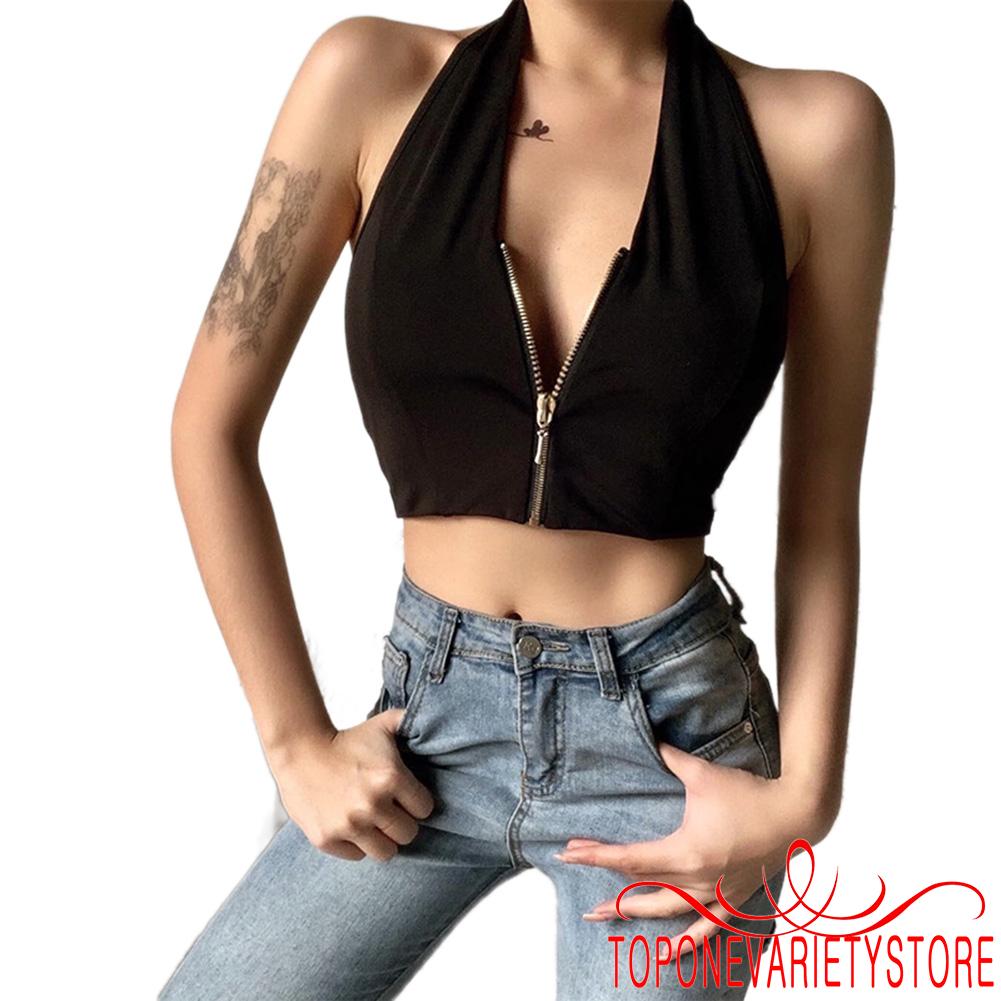 [Mã FAMAYWA giảm 10K đơn 50K] Áo croptop sát nách cổ chữ V hở lưng có khóa kéo trước thời trang mùa hè cho nữ