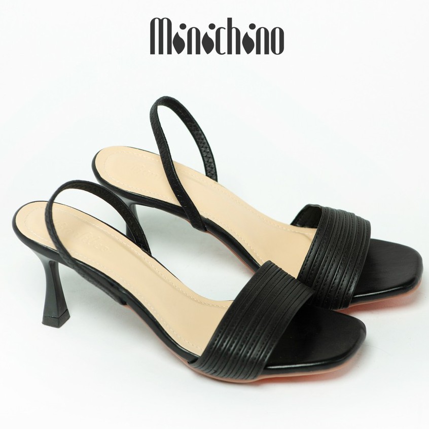 Giày sandal nữ quai mảnh gót cao 7p MINICHINO chất da mờ lì mũi tròn gót nhọn hở gót màu đen TC009