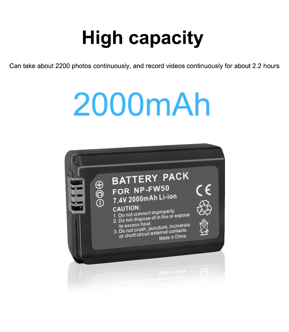 2 pin máy ảnh 2000mAh NP-FW50 NP FW50 + Bộ sạc kép USB LCD cho Sony Alpha a6500 a6300 a6000 a5000 a3000 NEX-3 a7R