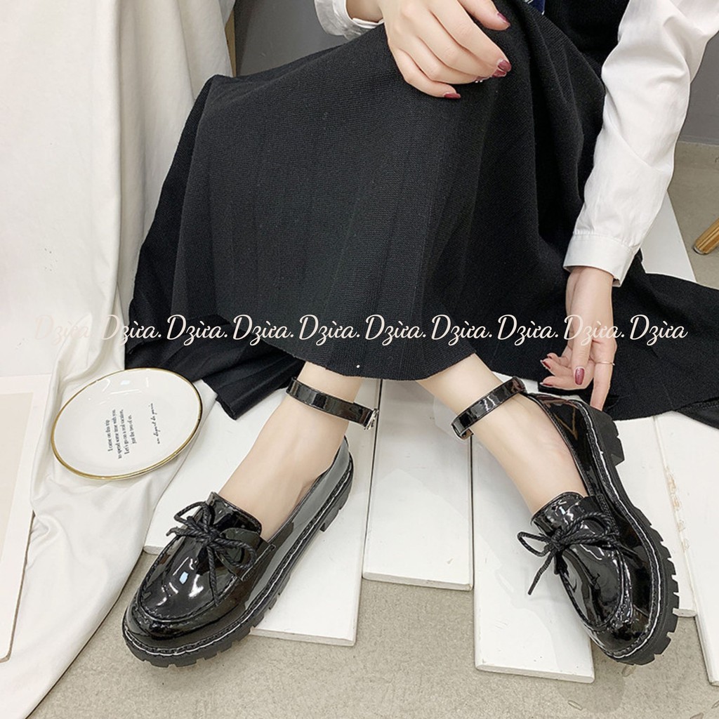 Giày búp bê phong cách lolita kèm quai da nhám, da bóng